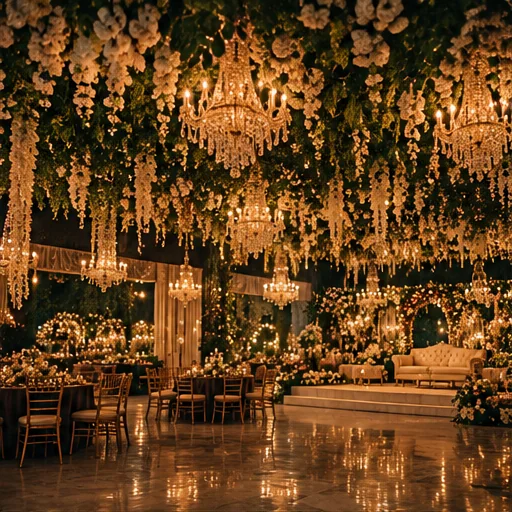 Wide cinematic view of a lavish Bangladeshi wedding reception venue at night